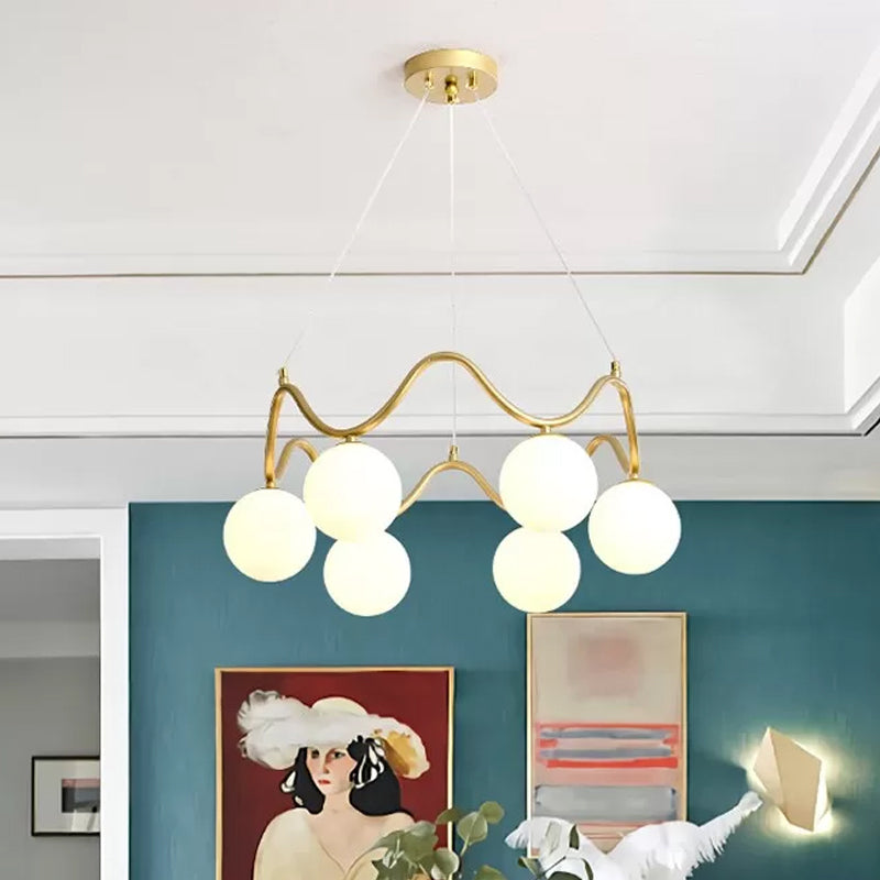 Modern Brass Chandelier with 6-Lights, Iron Wave Pendant Ceiling Light, Clear/White Double Ball Glass Shade