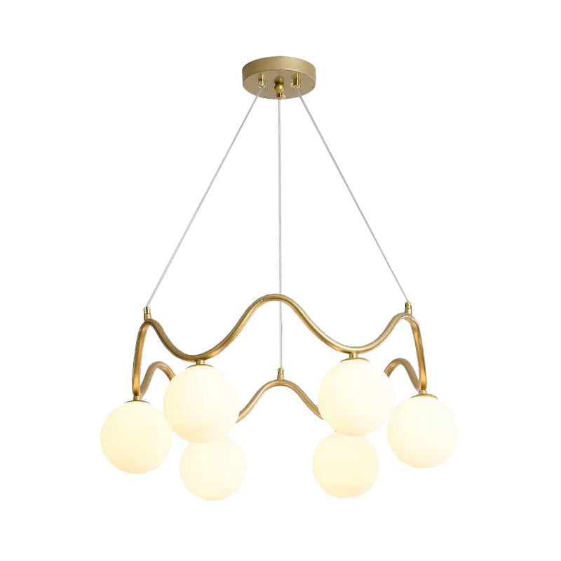 Modern Brass Chandelier with 6-Lights, Iron Wave Pendant Ceiling Light, Clear/White Double Ball Glass Shade