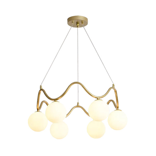 Modern Brass Chandelier with 6-Lights, Iron Wave Pendant Ceiling Light, Clear/White Double Ball Glass Shade