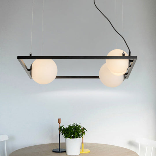 Modernist Bubble Kitchen Chandelier: Ivory Glass, 4 Bulb Hanging Pendant with Black/White Square Frame