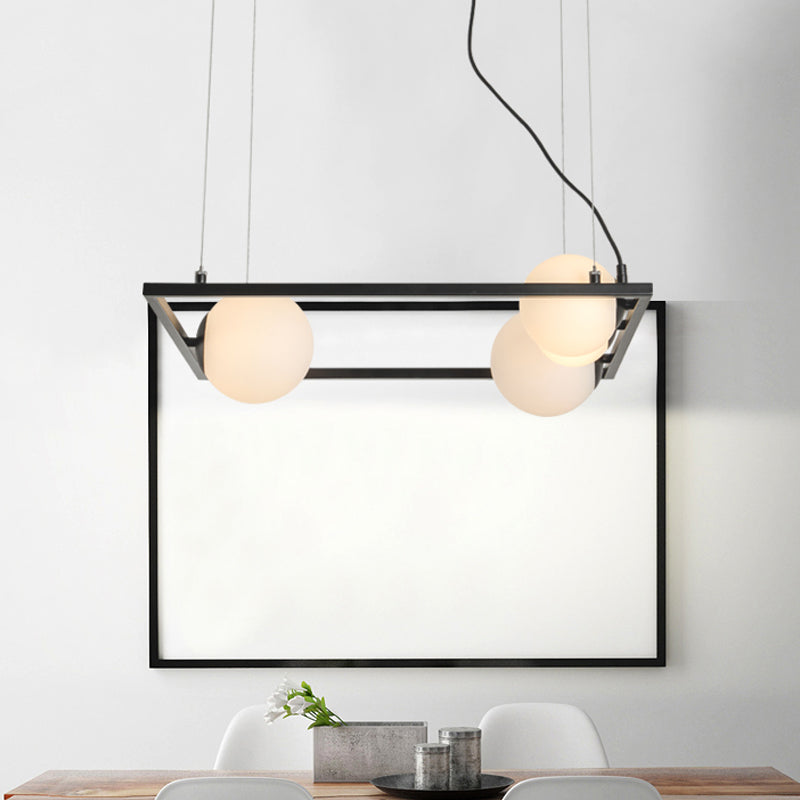 Modernist Bubble Kitchen Chandelier: Ivory Glass, 4 Bulb Hanging Pendant with Black/White Square Frame