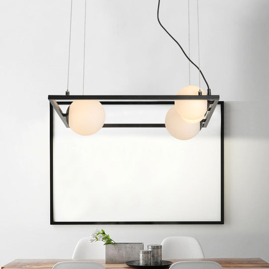 Modernist Bubble Kitchen Chandelier: Ivory Glass, 4 Bulb Hanging Pendant with Black/White Square Frame