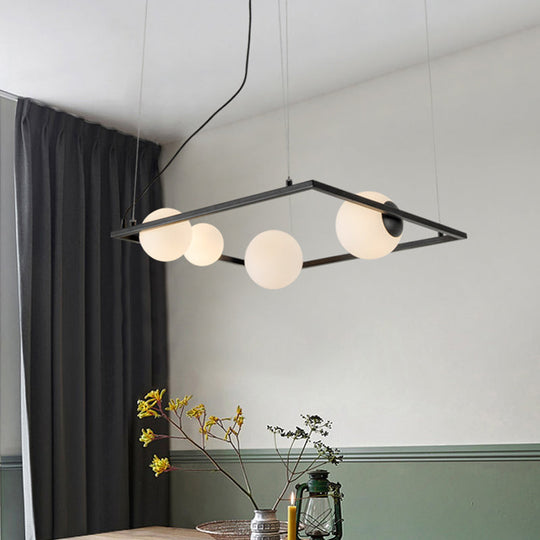 Modernist Bubble Kitchen Chandelier: Ivory Glass, 4 Bulb Hanging Pendant with Black/White Square Frame