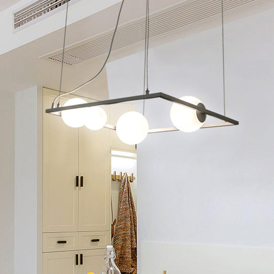 Modernist Bubble Kitchen Chandelier: Ivory Glass, 4 Bulb Hanging Pendant with Black/White Square Frame