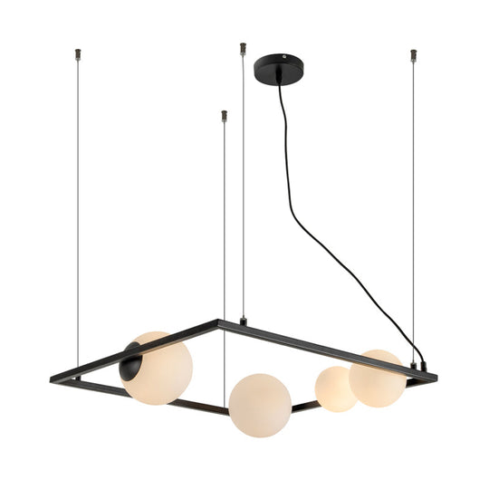 Modernist Bubble Kitchen Chandelier: Ivory Glass, 4 Bulb Hanging Pendant with Black/White Square Frame