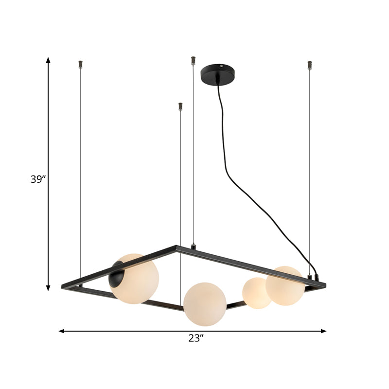 Modernist Bubble Kitchen Chandelier: Ivory Glass, 4 Bulb Hanging Pendant with Black/White Square Frame
