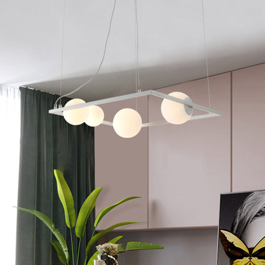 Modernist Bubble Kitchen Chandelier: Ivory Glass, 4 Bulb Hanging Pendant with Black/White Square Frame