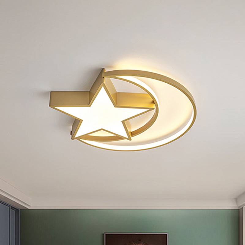 Contemporary Iron Crescent-Star Surface Ceiling Light LED Flush Mount in Gold - 16"/19.5" Wide Bedroom