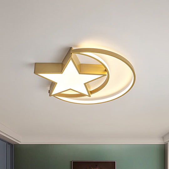 Contemporary Iron Crescent-Star Surface Ceiling Light LED Flush Mount in Gold - 16"/19.5" Wide Bedroom