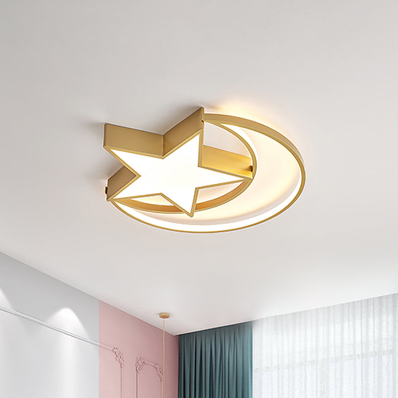 Contemporary Iron Crescent-Star Surface Ceiling Light LED Flush Mount in Gold - 16"/19.5" Wide Bedroom