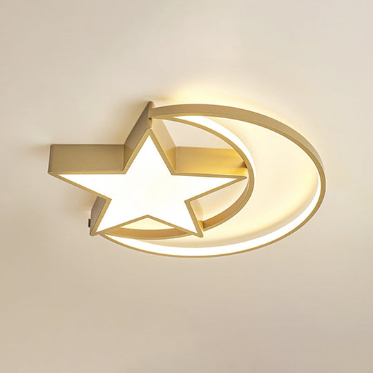 Contemporary Iron Crescent-Star Surface Ceiling Light LED Flush Mount in Gold - 16"/19.5" Wide Bedroom