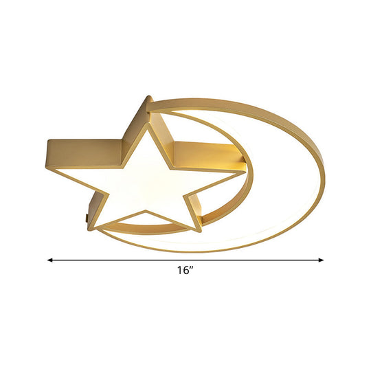 Contemporary Iron Crescent-Star Surface Ceiling Light LED Flush Mount in Gold - 16"/19.5" Wide Bedroom