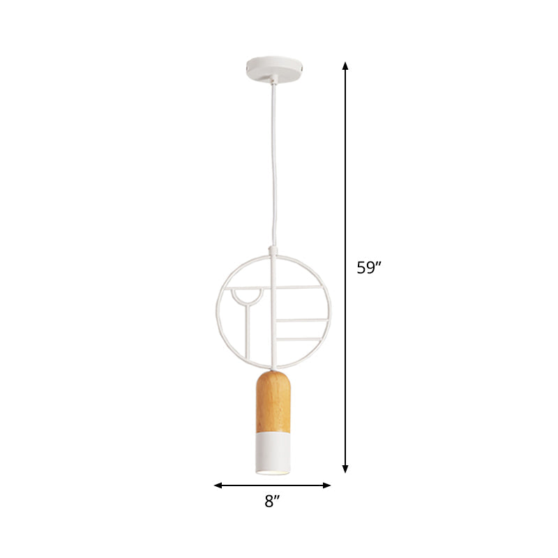 Nordic Chalk Wood Hanging Light Pendant - Single Head Ceiling Lamp in White with Wired Round Decor