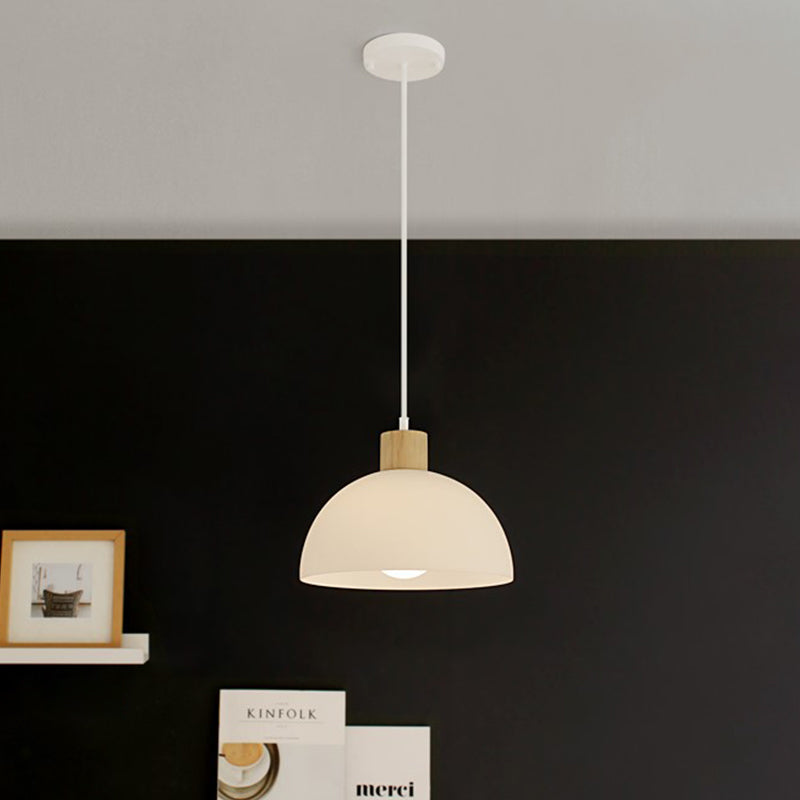 Simplicity Single White Acrylic Bowl Pendant Light with Wood Cap - Hanging Suspension Light