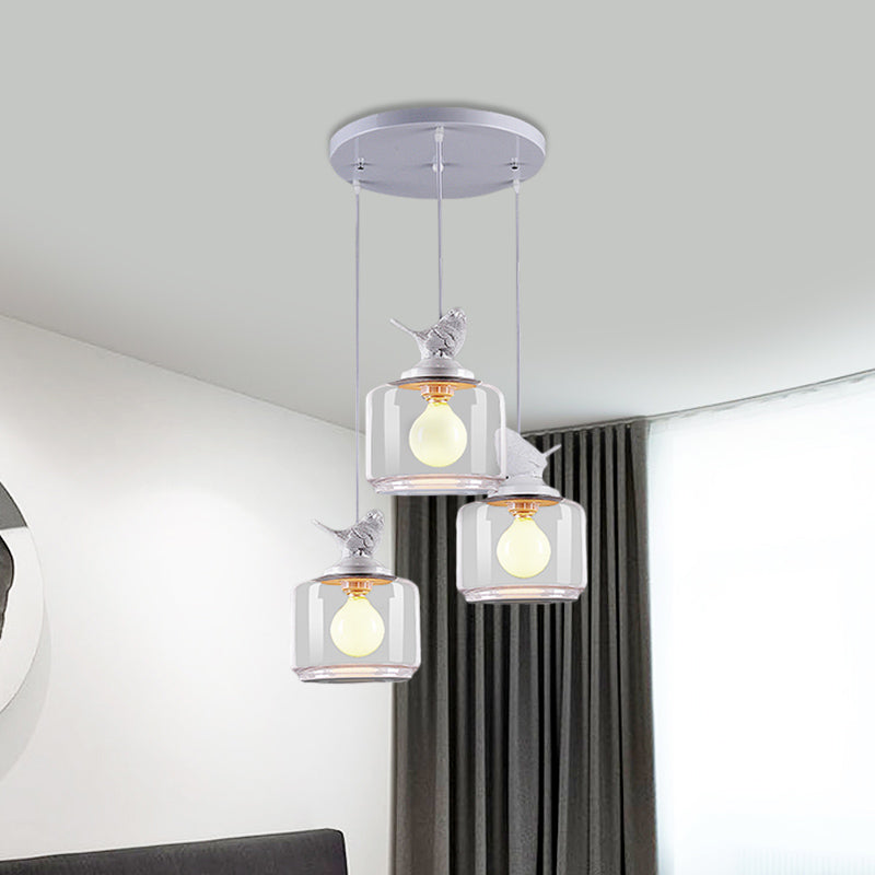 Clear Glass Pendant Lighting Nordic Style - 3 Bulbs, White Multi Light Ceiling Fixture with Resin Bird Top