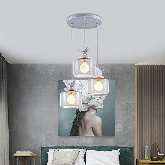 Clear Glass Pendant Lighting Nordic Style - 3 Bulbs, White Multi Light Ceiling Fixture with Resin Bird Top