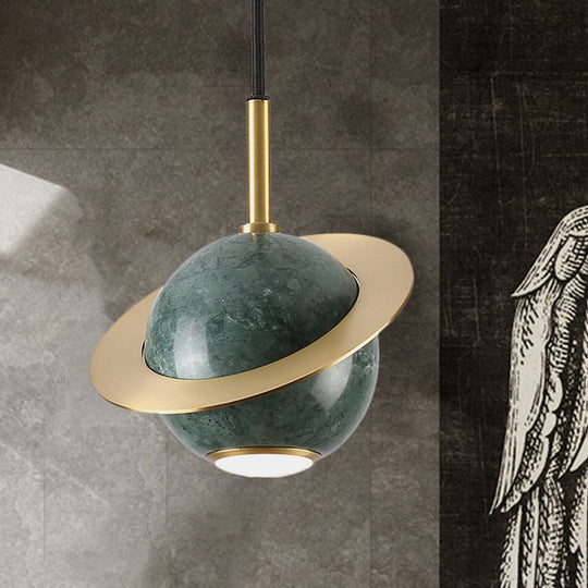 Mini Planet Kitchen Pendant in Green/White/Black-Brass: Modern Ceiling Lamp with Marble and 1 Bulb