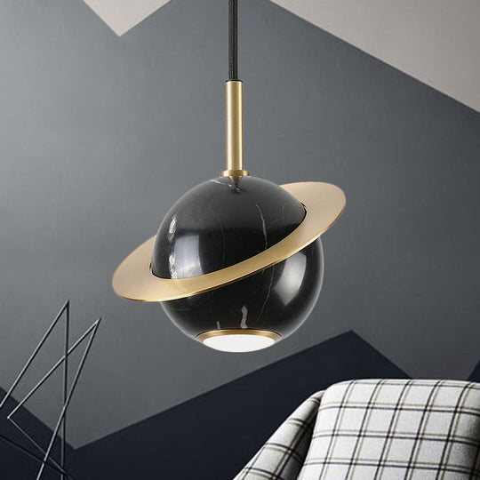 Mini Planet Kitchen Pendant in Green/White/Black-Brass: Modern Ceiling Lamp with Marble and 1 Bulb