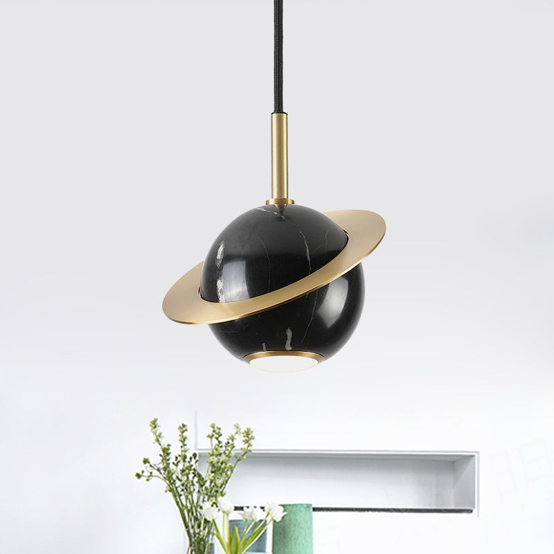 Mini Planet Kitchen Pendant in Green/White/Black-Brass: Modern Ceiling Lamp with Marble and 1 Bulb