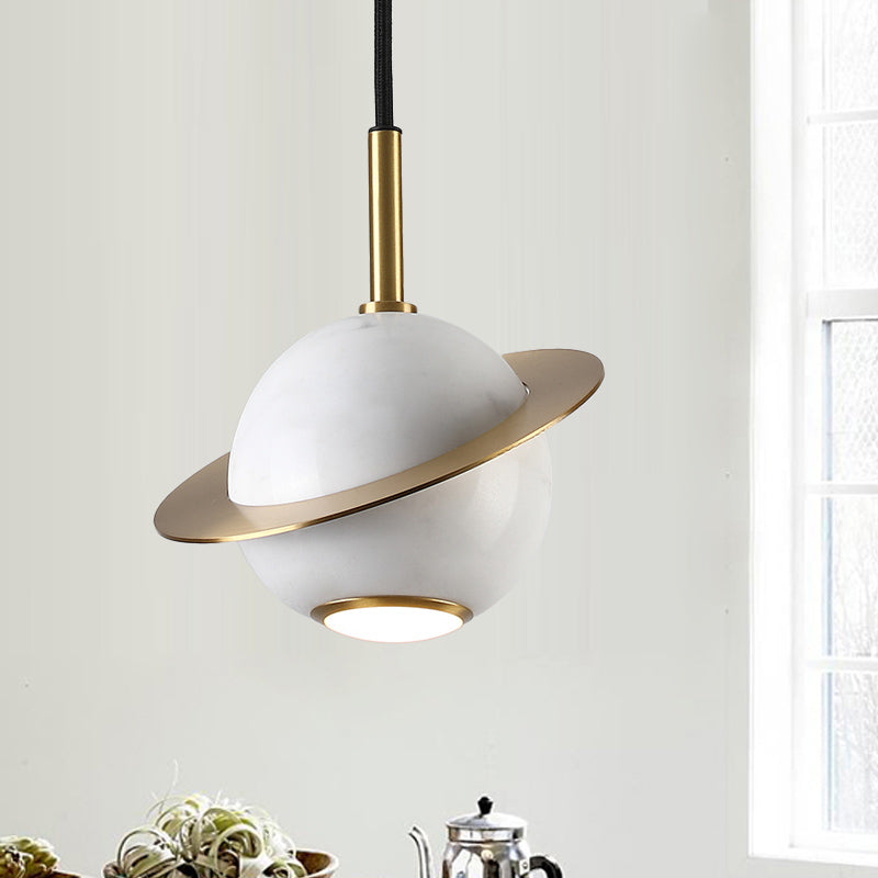 Mini Planet Kitchen Pendant in Green/White/Black-Brass: Modern Ceiling Lamp with Marble and 1 Bulb