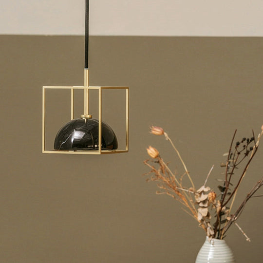 Mid Century Small Dome Hanging Light Kit - Marble 1-Head Pendant with Black/Green Ceiling & Gold Cubic Wire Cage Guard