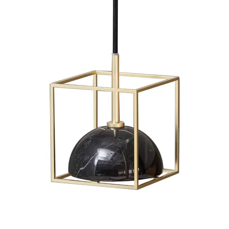 Mid Century Small Dome Hanging Light Kit - Marble 1-Head Pendant with Black/Green Ceiling & Gold Cubic Wire Cage Guard