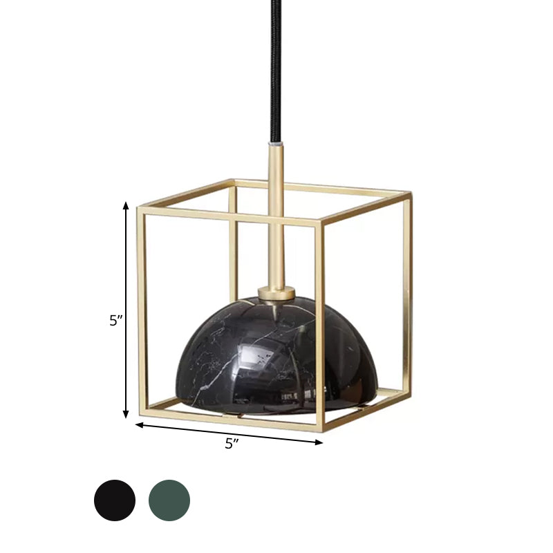 Mid Century Small Dome Hanging Light Kit - Marble 1-Head Pendant with Black/Green Ceiling & Gold Cubic Wire Cage Guard