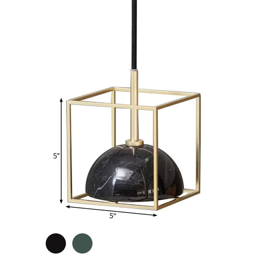 Mid Century Small Dome Hanging Light Kit - Marble 1-Head Pendant with Black/Green Ceiling & Gold Cubic Wire Cage Guard