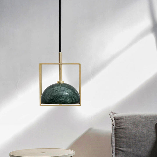 Mid Century Small Dome Hanging Light Kit - Marble 1-Head Pendant with Black/Green Ceiling & Gold Cubic Wire Cage Guard