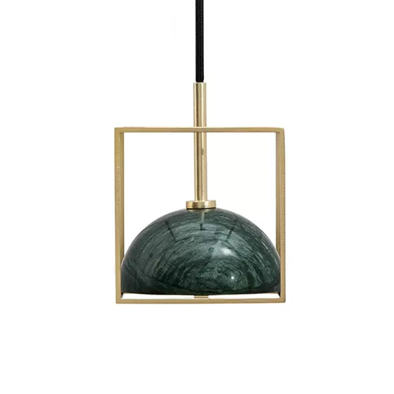 Mid Century Small Dome Hanging Light Kit - Marble 1-Head Pendant with Black/Green Ceiling & Gold Cubic Wire Cage Guard