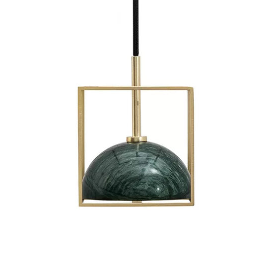 Mid Century Small Dome Hanging Light Kit - Marble 1-Head Pendant with Black/Green Ceiling & Gold Cubic Wire Cage Guard