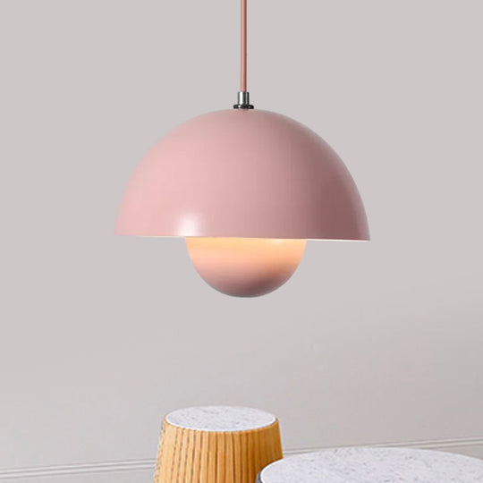 Iron Pendant Lamp with Colored Dome and Inner Diffuser for Dining Table - Pink/Green/Yellow