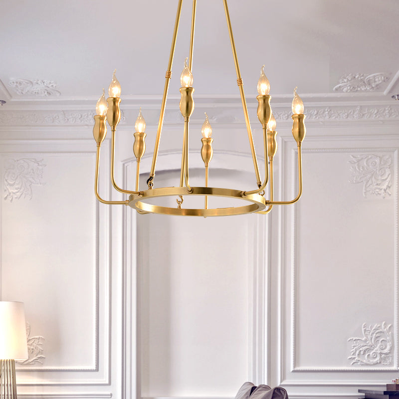 Colonial Gold Metal Chandelier Pendant Light - 6/8 Bulb Candle Ceiling Fixture for Dining Room