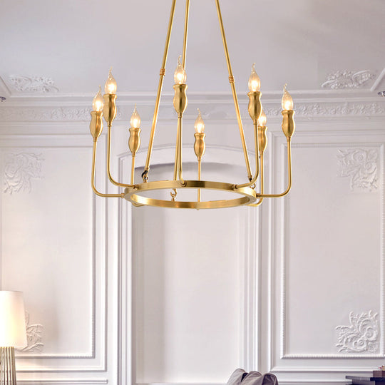 Colonial Gold Metal Chandelier Pendant Light - 6/8 Bulb Candle Ceiling Fixture for Dining Room