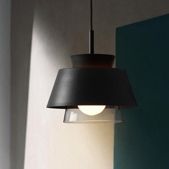 Minimalist 2-Tier Iron Hanging Pendant Light with Transparent Glass Shade - Black/White Ceiling Lamp