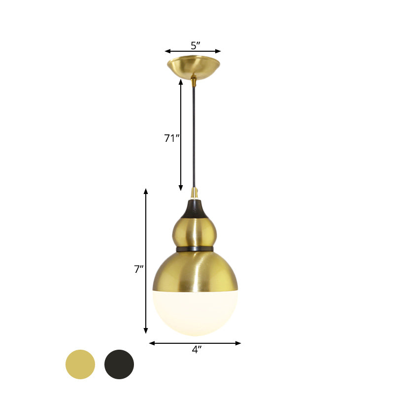 Black/Brass Gourd Shaped Pendant Lamp - Mid Century Metal - 1-Light Pendulum with Bottom White Glass Diffuser