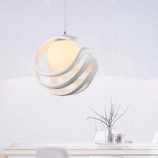 Modern White Pendant Light with Resin Curled Cage and Orb Milk Glass Shade - 1 Bulb Ceiling Lamp