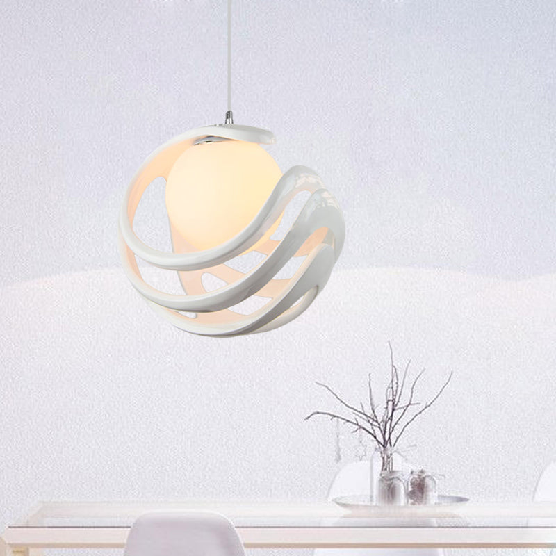 Modern White Pendant Light with Resin Curled Cage and Orb Milk Glass Shade - 1 Bulb Ceiling Lamp