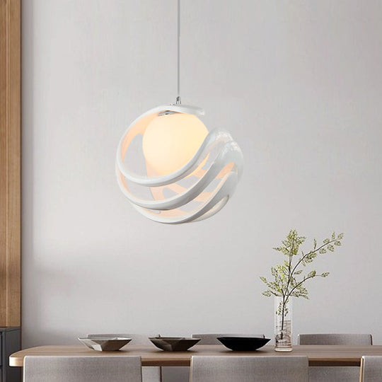 Modern White Pendant Light with Resin Curled Cage and Orb Milk Glass Shade - 1 Bulb Ceiling Lamp