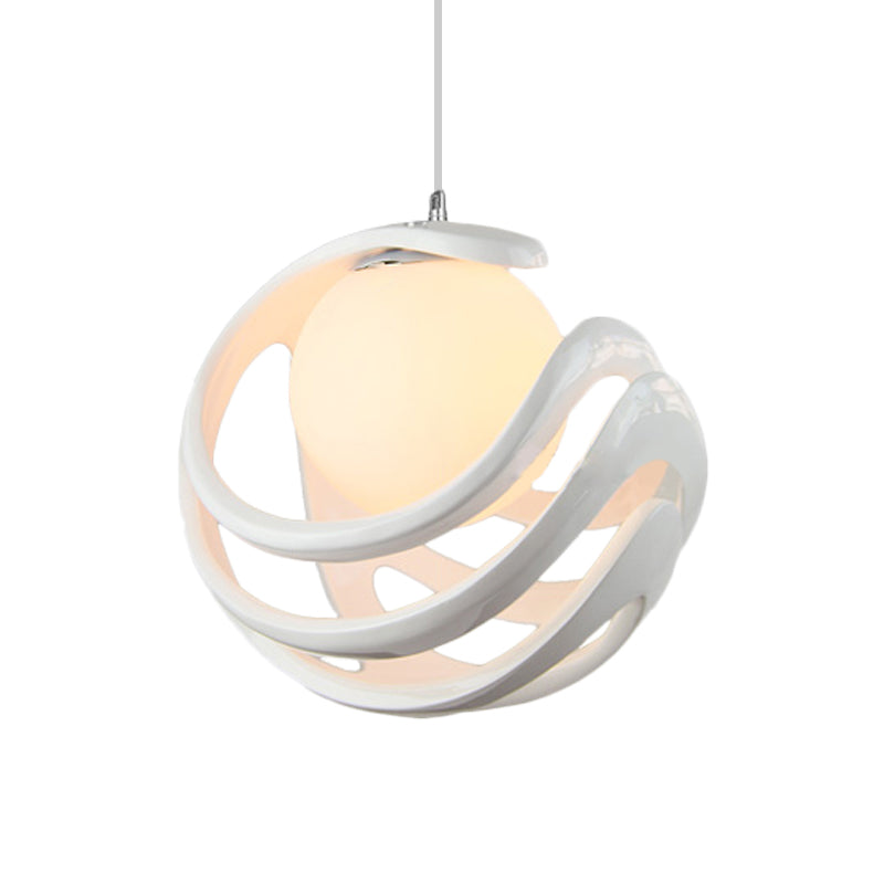 Modern White Pendant Light with Resin Curled Cage and Orb Milk Glass Shade - 1 Bulb Ceiling Lamp