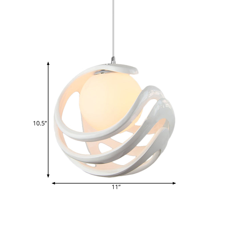 Modern White Pendant Light with Resin Curled Cage and Orb Milk Glass Shade - 1 Bulb Ceiling Lamp