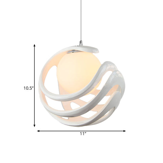 Modern White Pendant Light with Resin Curled Cage and Orb Milk Glass Shade - 1 Bulb Ceiling Lamp