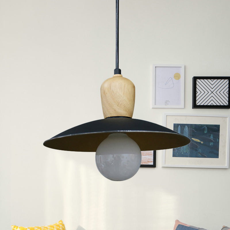 Nordic Flying Saucer Pendant Lamp - Single Bulb Pendulum Light in White/Black-Wood