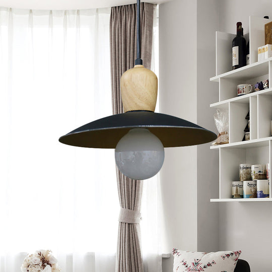 Nordic Flying Saucer Pendant Lamp - Single Bulb Pendulum Light in White/Black-Wood