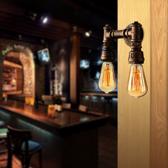 Vintage Industrial 2-Light Wall Sconce with Water Pipe Décor in Black/Antique Brass