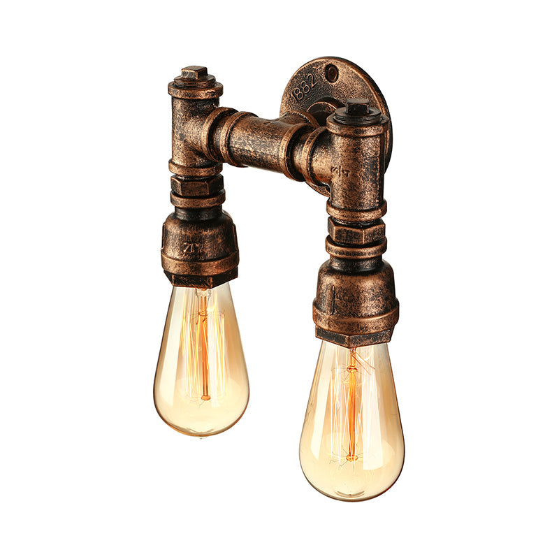 Vintage Industrial 2-Light Wall Sconce with Water Pipe Décor in Black/Antique Brass