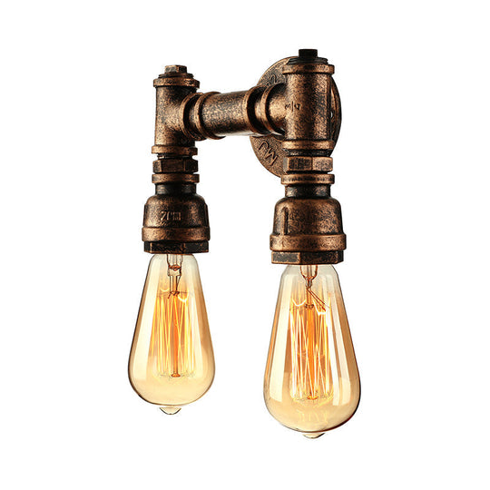 Vintage Industrial 2-Light Wall Sconce with Water Pipe Décor in Black/Antique Brass