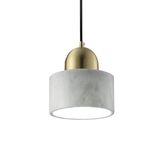 Minimalist White Bedside Pendant Light with Drum Marble Shade and Gold Dome Top - 1-Light Hanging Lamp