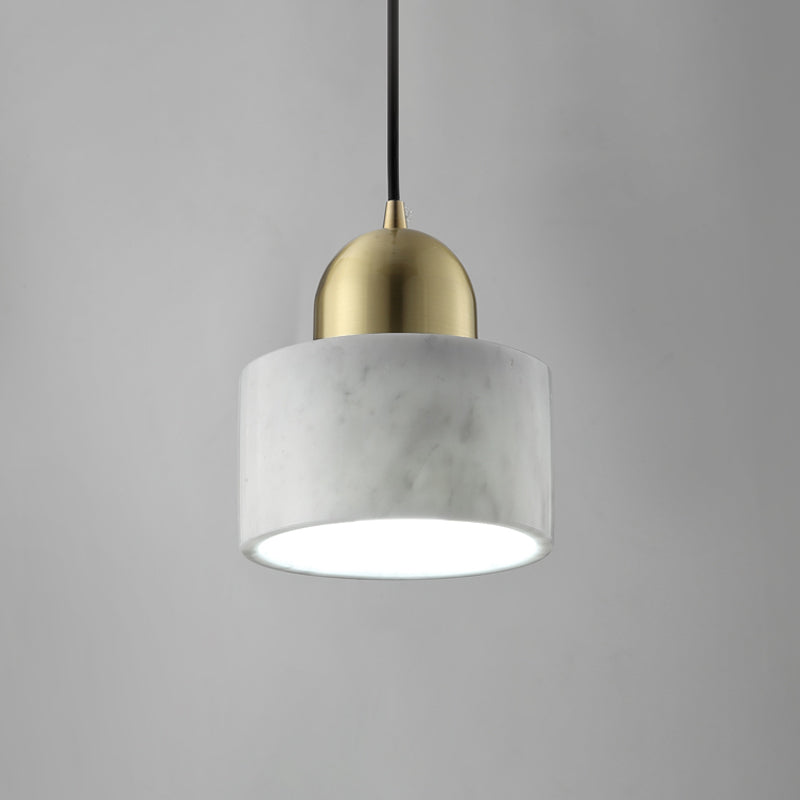 Minimalist White Bedside Pendant Light with Drum Marble Shade and Gold Dome Top - 1-Light Hanging Lamp