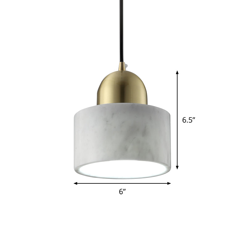 Minimalist White Bedside Pendant Light with Drum Marble Shade and Gold Dome Top - 1-Light Hanging Lamp